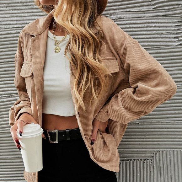 New Flap Pocket Drop Shoulder Corduroy Jacket Khaki